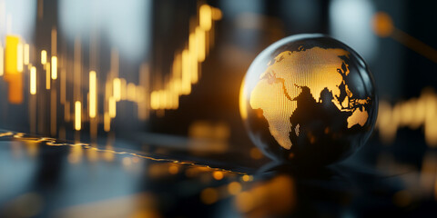 globe symbolizing economic growth with golden highlights and financial graphs in background, representing global trade and investment opportunities