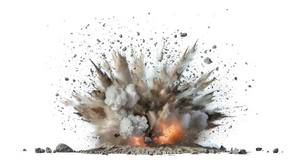 Sand flying, explosion on white background, creating a dynamic and intense scene. The swirling sand and the powerful burst of the explosion make for a visually striking and chaotic moment.