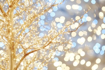 Naklejka premium Twinkling Fairy Lights on Tree Branches Against a Soft Bokeh Background for Dreamy Holiday or Celebration Ambiance