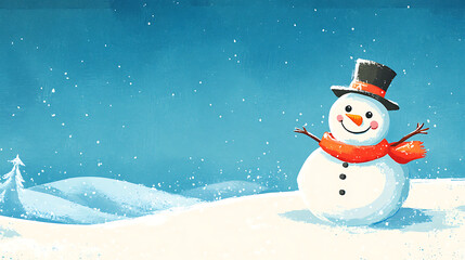 Obraz premium A cheerful snowman with a carrot nose, wearing a bright red scarf and a top hat, surrounded by a snowy landscape under a clear blue sky