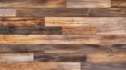 Close-up view of a wooden plank floor with various shades of brown and tan.