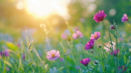Fototapeta premium Spring Meadow with Blooming Wildflowers in Soft Light