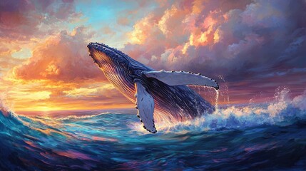 Fototapeta premium Majestic whale breaching at sunset, ocean waves.