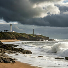 A dramatic beach scene with dark storm clouds looming overhead, crashing waves.