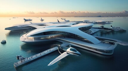 Obraz premium A futuristic floating airport terminal with sleek design, floating above the water and connected to nearby islands with high-tech docking stations