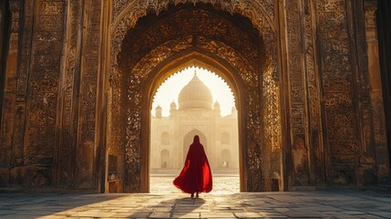A Mysterious Figure in a Red Cloak Stands at an Intricate Archway, Overlooking an Ancient Monument at Sunset, Evoking a Sense of Wonder and Adventure in a Cultural Landscape