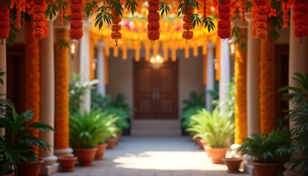 Vibrant marigold flower toran hangs above decorated entrance. Mango leaves add to festive look. Softly lit courtyard in background. Indian traditional festival atmosphere. Ideal for Diwali