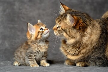 Obraz premium Adorable kitten gazing at loving mother cat in soft natural light on a textured gray backdrop