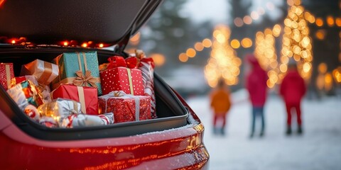 Car trunk filled with Christmas shopping presents with family enjoying snowy weather after shopping...