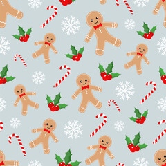 Vector seamless pattern with gingerbread man, candy cane and white snowflake