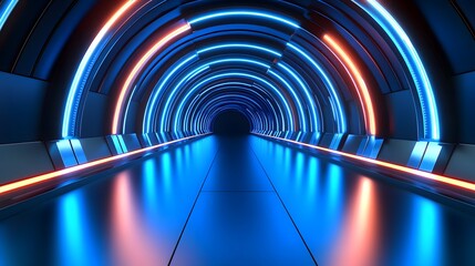 Futuristic neon tunnel with blue and orange lights, reflective floor.