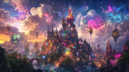 Fototapeta premium A sprawling cyberpunk megacity under a cloudy, electrified sky, with towering spires wrapped in glowing circuitry and streets teeming with cybernetic beings navigating a vibrant, chaotic world 