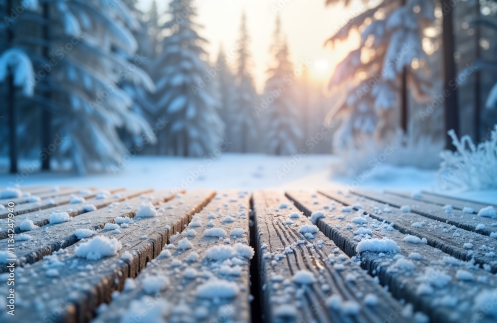 Poster snowy winter landscape with frosty patterns on textured wooden surface. ground level view shows ice 