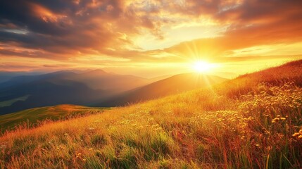 Sunset Over Rolling Hills with Dramatic Clouds