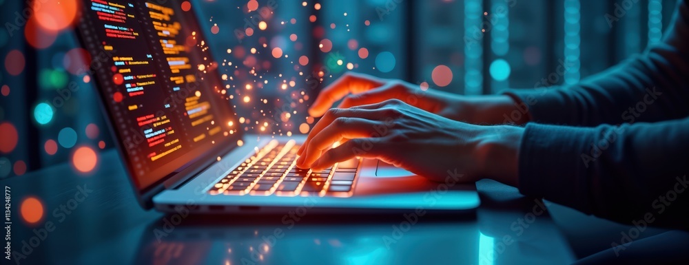 Leinwandbilder Person working on laptop creating website design. Hands type on laptop keyboard. Holographic server room data center background. Tech person design website. Modern digital design. Night scene.
