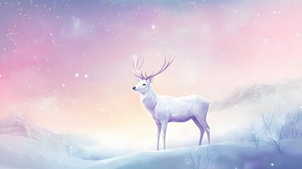 A majestic white deer with perfect antlers, on the mountain and the view of the stars in the beautiful sky