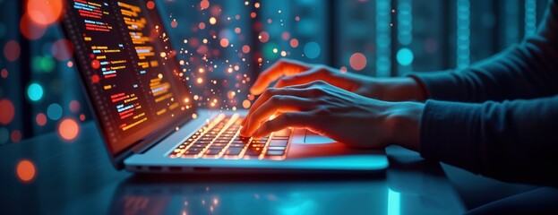 Person working on laptop creating website design. Hands type on laptop keyboard. Holographic server room data center background. Tech person design website. Modern digital design. Night scene.