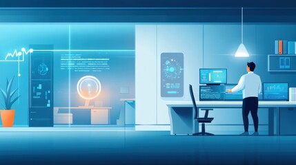 Futuristic Office Environment with High-Tech Workstation and Visual Data Displays for Innovative Business Solutions and Analytics in Modern Workplace Design