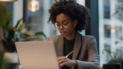 Thoughtful woman in stylish suit writing notes while working on laptop in modern office with greenery background