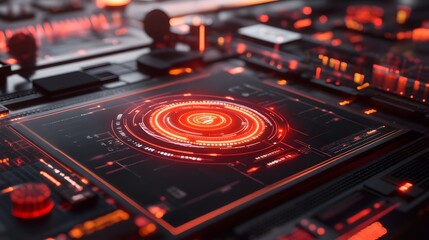 Futuristic red glowing digital interface screen on dark tech background.