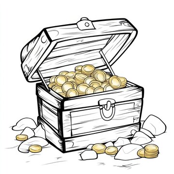 recommend clip art: Treasure Chest Filled with Gold Coins in Black and White Illustration with Open Lid and Scattered Coins