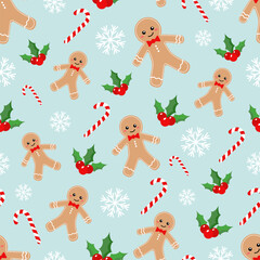 Seamless vector pattern with gingerbread man, candy cane and white snowflake on turquoise background