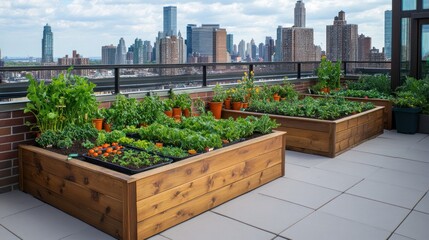 Fototapeta premium Urban rooftop garden with raised wooden beds filled with fresh vegetables, overlooking a cityscape.