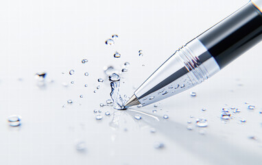 A pen is sitting on a sheet of paper with water droplets on it