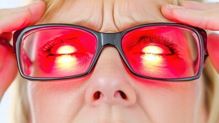 Close-up of Woman with Red Light Reflections in Glasses Lenses
