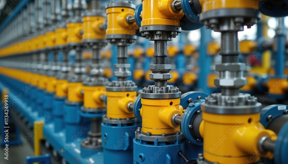 Poster industrial hydraulic system with interconnected pistons, mechanical parts. yellow, blue parts aligne