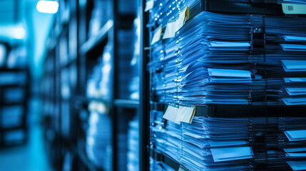 Stacked Documents in Organized Shelves Within a Modern Archive Room for Effective Data Management Solutions