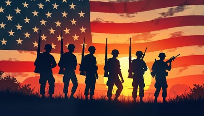 Silhouette illustration of American soldiers at sunset. Military personnel stand in formation. American flag background. Patriotic theme respect for veterans. Sunrise sunset. Image suitable for