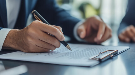 Businessman Signing Important Contract Document for Corporate Deal in Modern Office Setting with Close-Up Focus