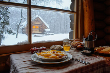 dessert inside log cabin with snowy winter scene