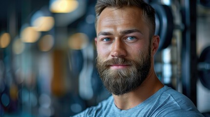 Obraz premium A man with a beard smiles confidently in a gym setting, showcasing fitness and strength.