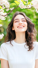 Fototapeta premium A woman with long hair is smiling and looking at the camera