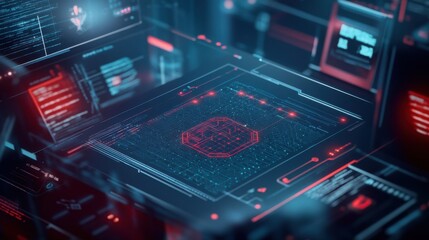 Obraz premium Futuristic Technology Interface with Complex Data Visualization and Glowing Elements in Red and Blue Color Schemes for Digital and Cybersecurity Concepts
