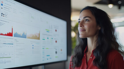 Business Woman Analyzing Data Insights on Large Screen in Office Environment for Technology Reporting