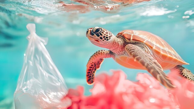 Sea turtle swimming near plastic bag and coral in ocean.
