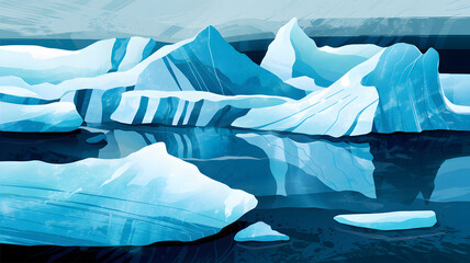 Digital illustration of a large iceberg floating in the ocean, with most of its mass submerged underwater. The iceberg is depicted in shades of blue and white, highlighting its icy texture.