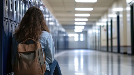 Teen girl sits alone by lockers in school hallway.