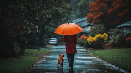 Obraz premium Person walking dog in rain, orange umbrella.