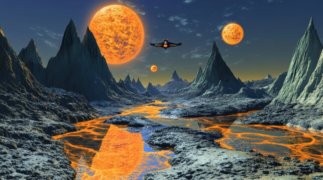 An alien landscape with jagged mountains, rivers of glowing lava, and a sky filled with twin suns and hovering alien spacecraft. Vibrant and surreal sci-fi world