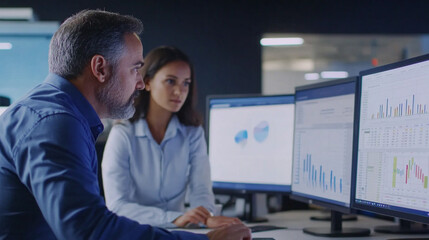 Professional Team Analyzing Data Insights on Computer Screens in Modern Office Environment