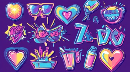 Trendy Y2K sticker illustration set. Retro 2000s text quote label collection. Funny futuristic tag with love heart, anime cartoon and party message. Gen z cyber style bundle