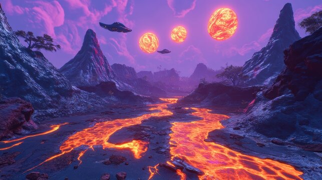 An alien landscape with jagged mountains, rivers of glowing lava, and a sky filled with twin suns and hovering alien spacecraft. Vibrant and surreal sci-fi world