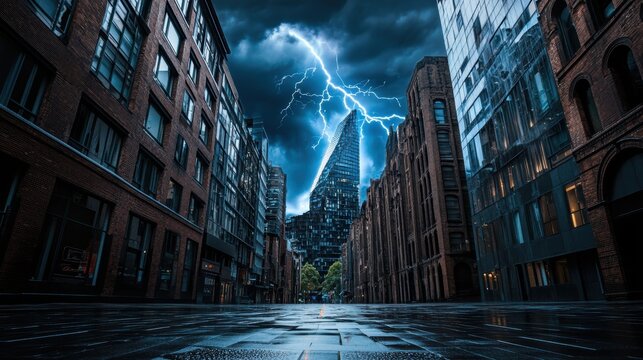 Urban alleyway during a thunderstorm.