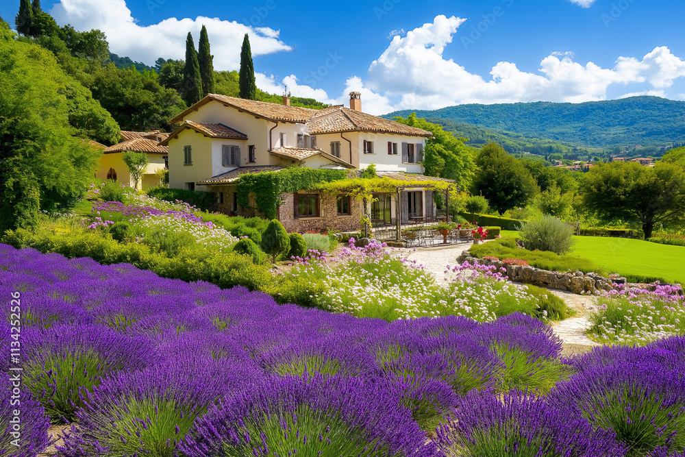 Poster a serene hillside covered in lavender fields with a rustic farmhouse in the distance