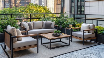 Modern outdoor patio furniture set on city balcony.