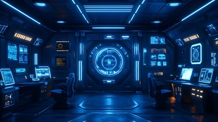 Futuristic spaceship bridge interior with glowing blue screens and controls.
